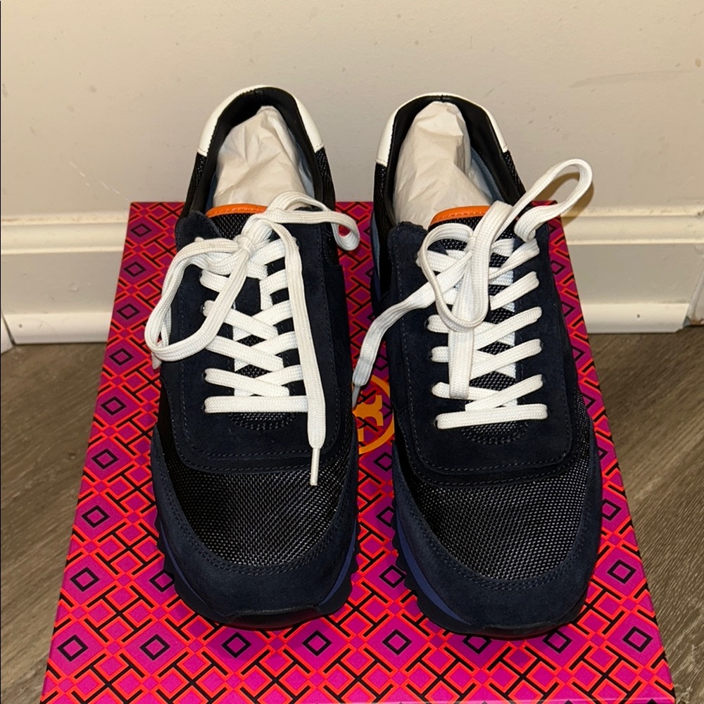Tory Burch Navy, White & Orange Lace-Up Sneakers